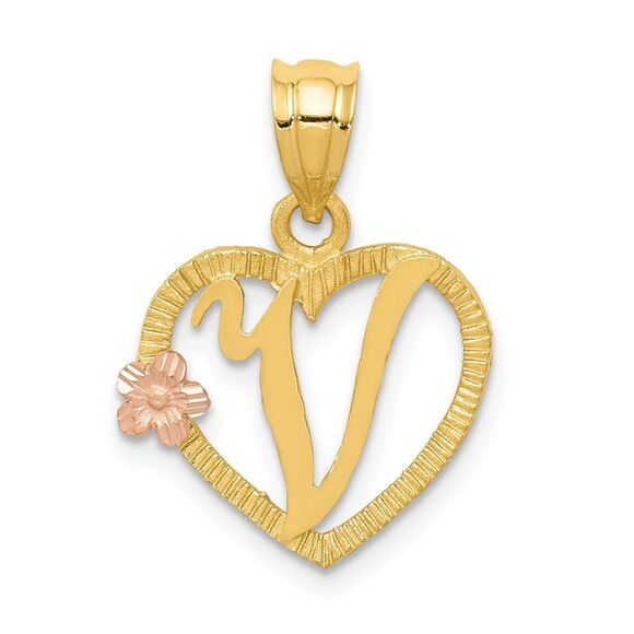 14k Two Tone Gold Grace Collection 15mm Heart Initial V Pendant - Picture 1 of 5